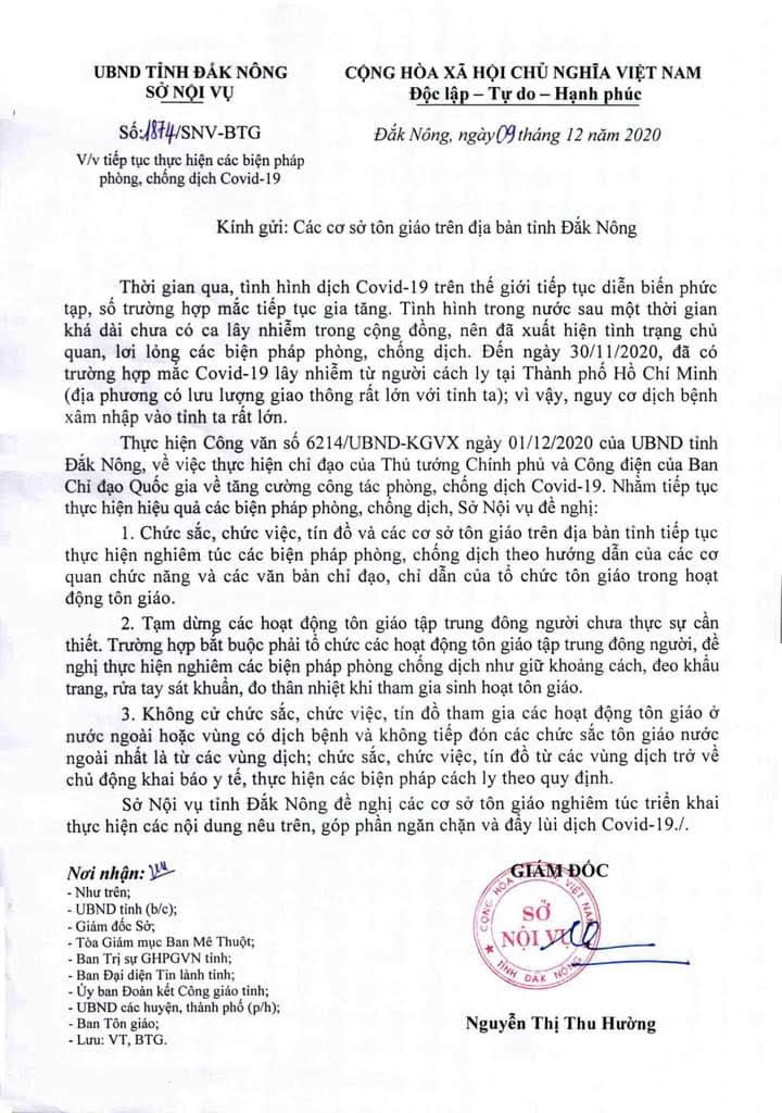 Đắk Nông: Đề nghị tạm dừng các hoạt động tôn giáo tập trung đông người phòng, chống Covid-19